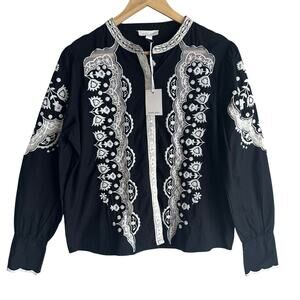 Jennifer & Grace Embroidered Button Front Black and Ivory Blouse S